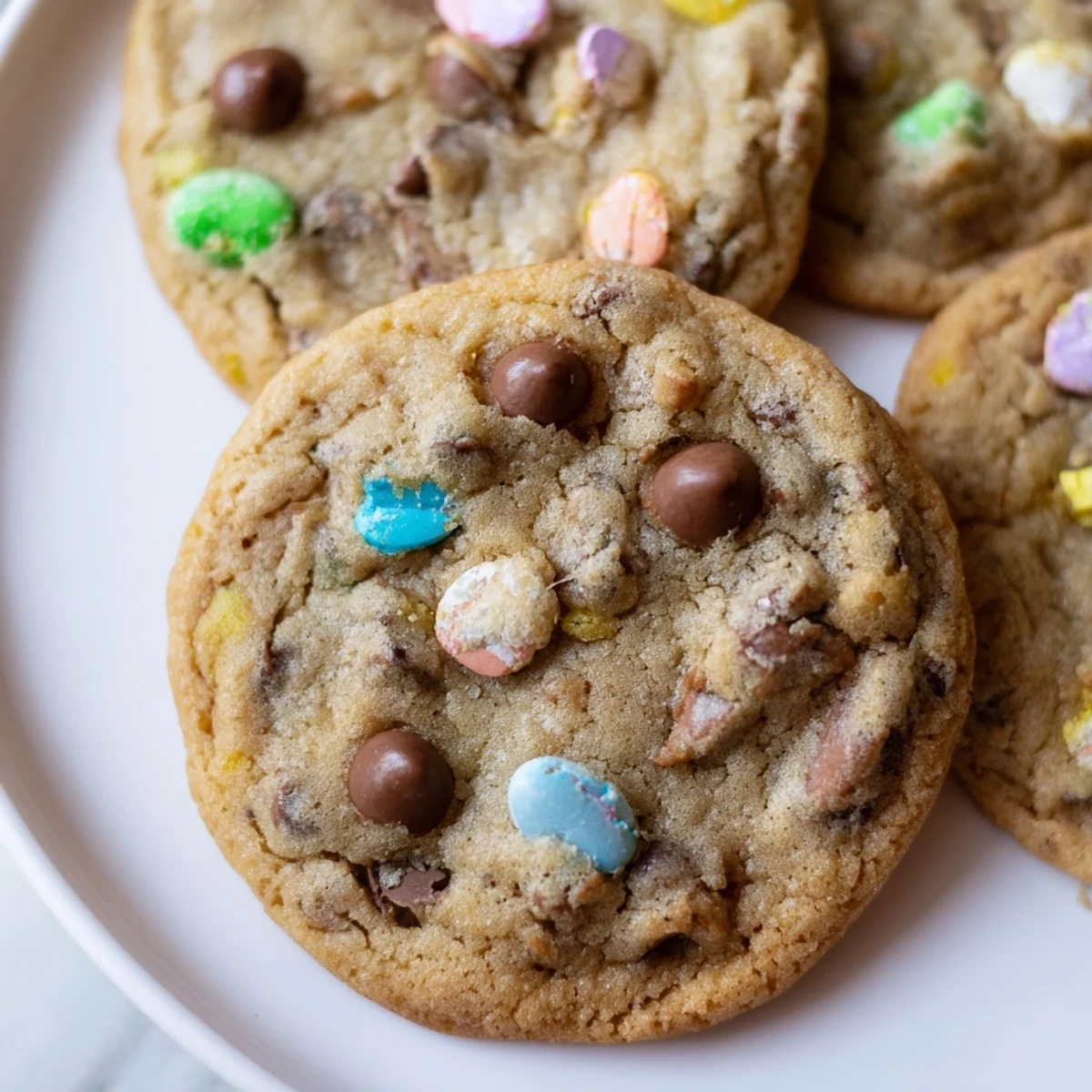 Soft chewy Cadbury Egg Cookies with colorful candy pieces on rustic baking sheet