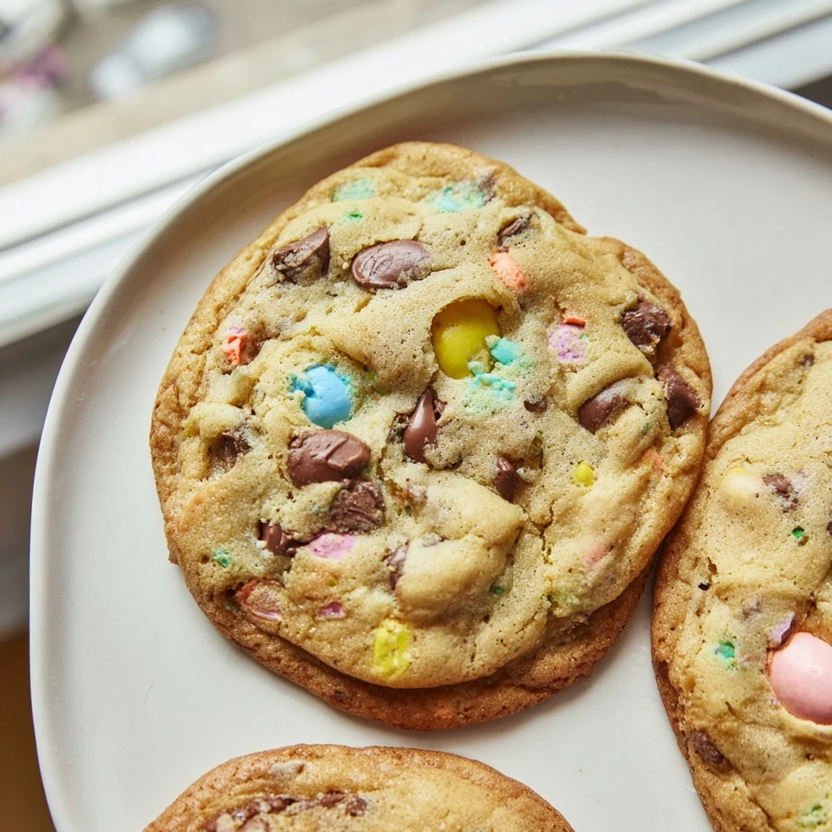 Golden brown Cadbury Egg Cookies studded with chocolate chips and pastel eggs