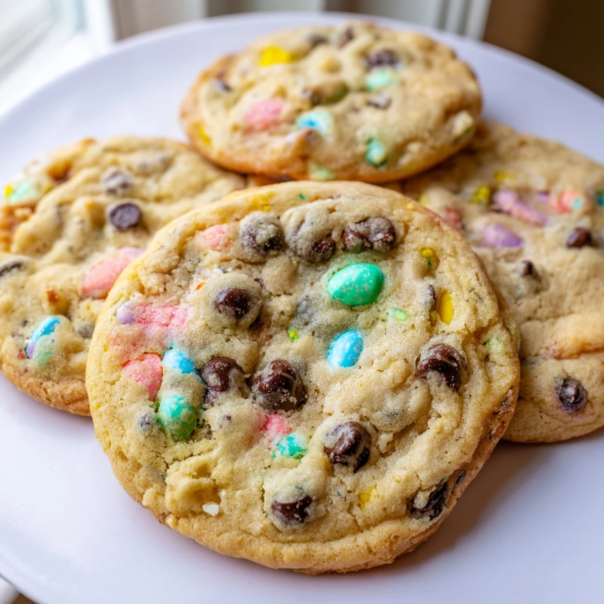 Warm Cadbury Egg Cookies fresh from oven with melty chocolate and cracked candy coating