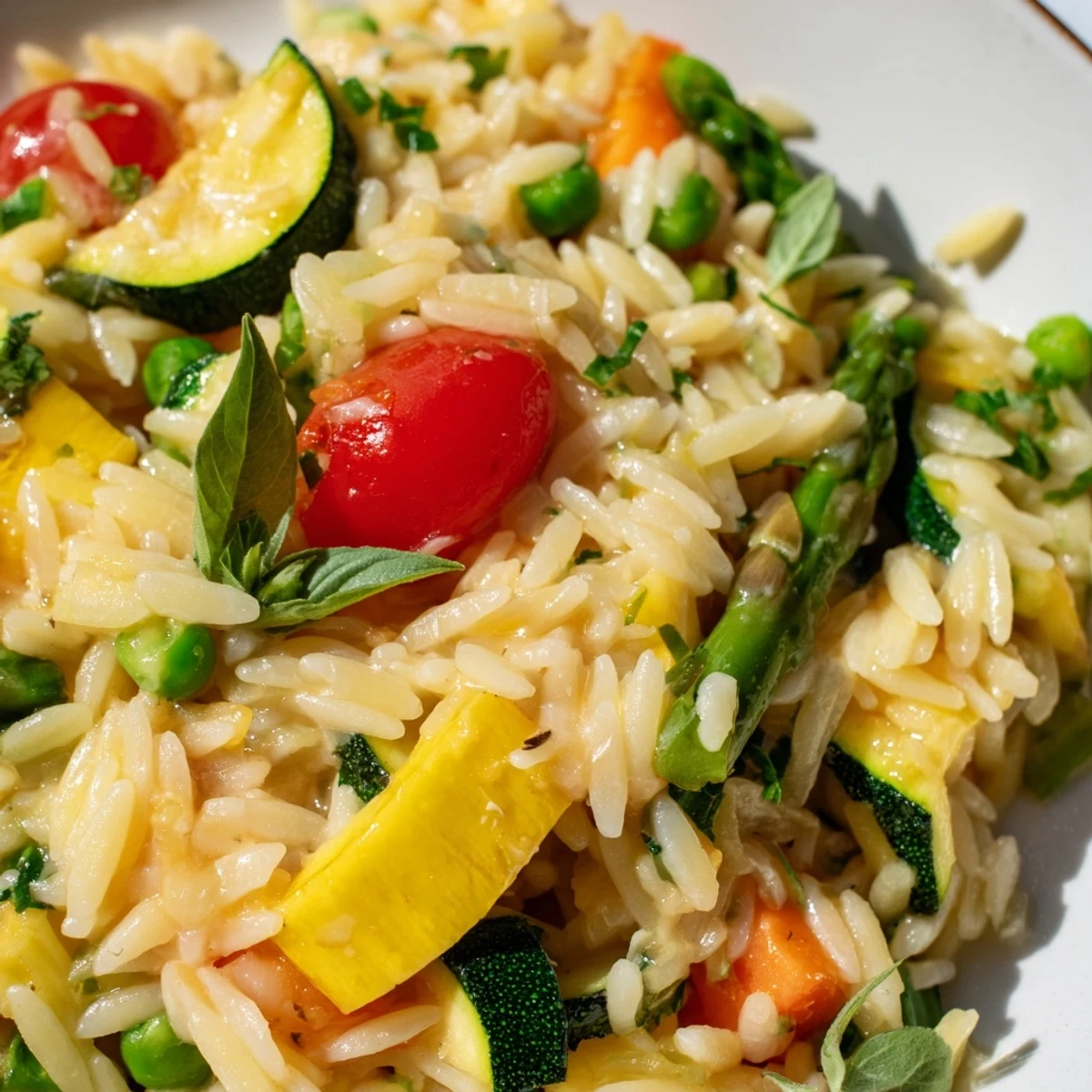 Colorful orzo primavera with tender spring vegetables in a creamy lemon sauce