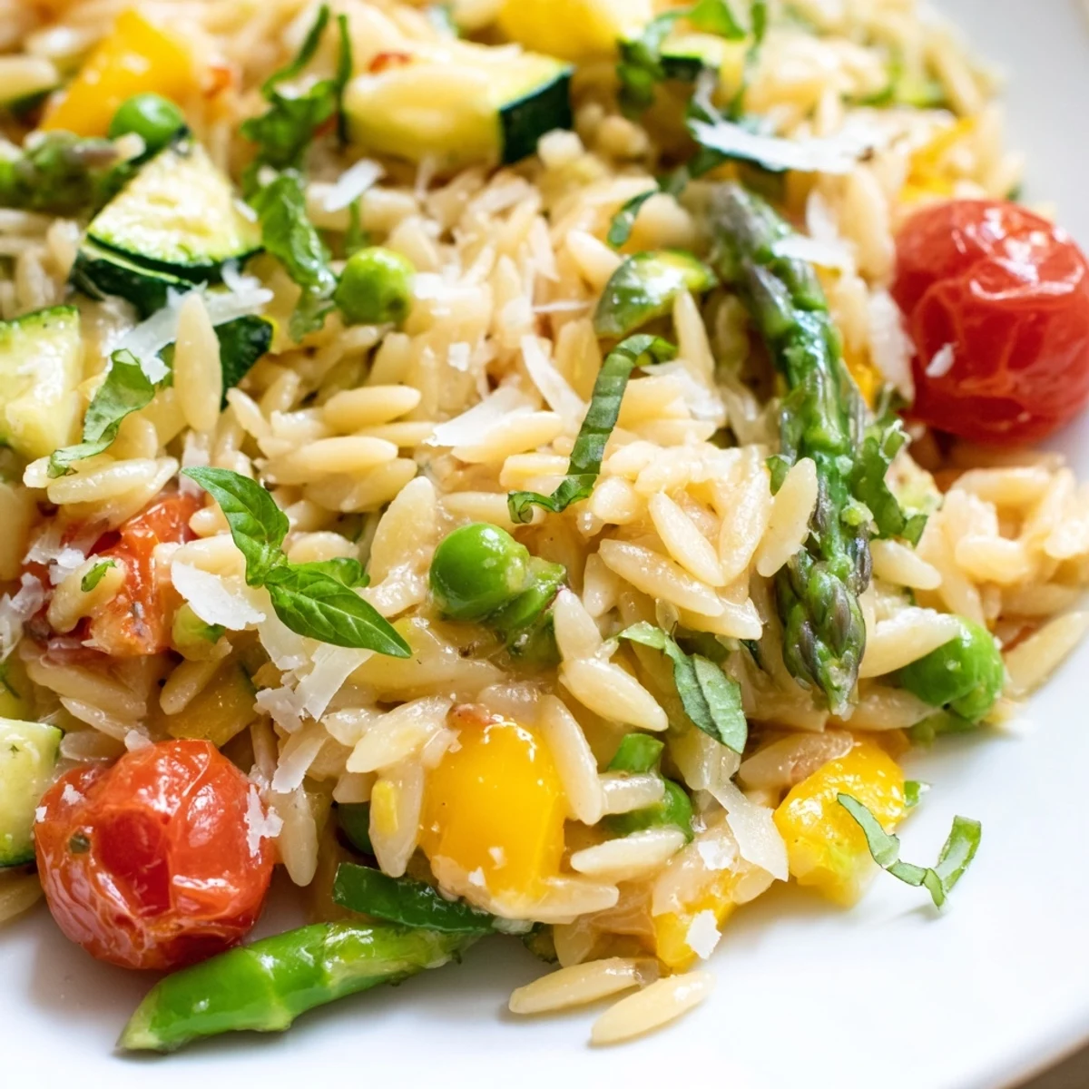 Bright orzo primavera topped with fresh basil and grated Parmesan cheese