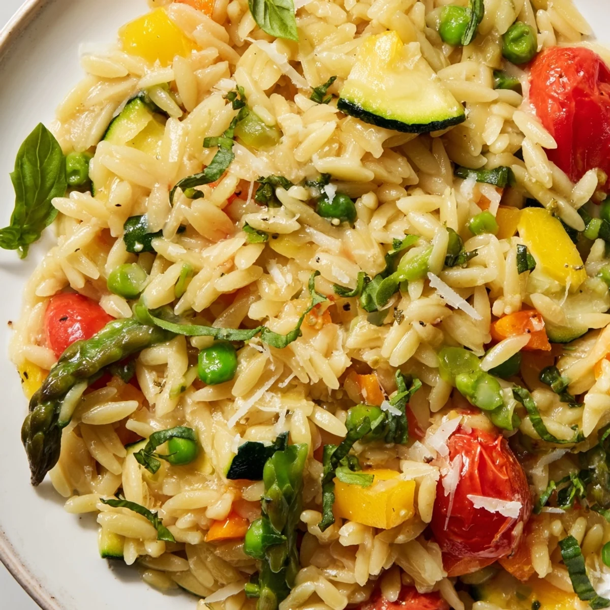 Warm orzo primavera in a skillet bursting with cherry tomatoes and asparagus