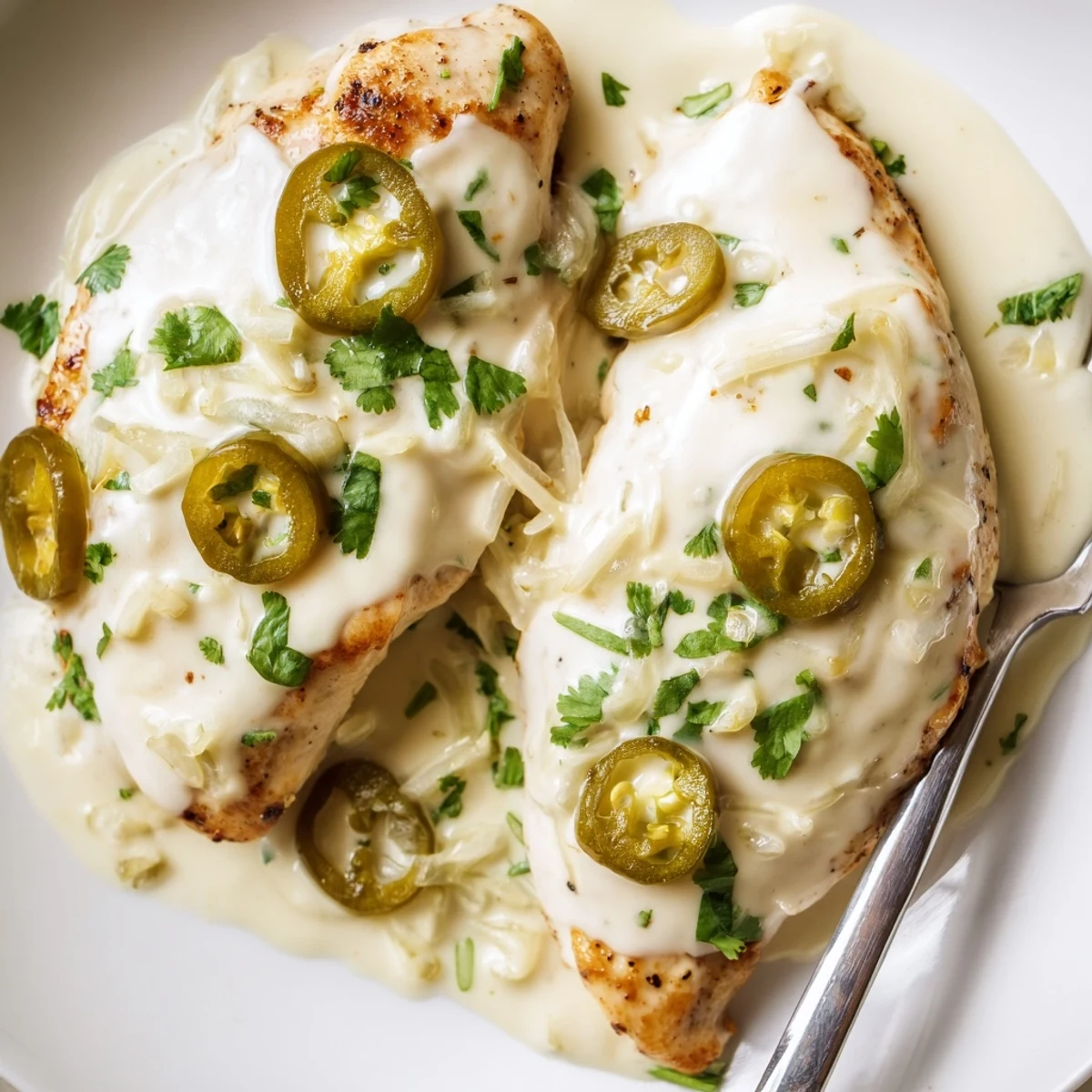 Golden jalapeno chicken breasts smothered in creamy melted cheese sauce with sliced peppers