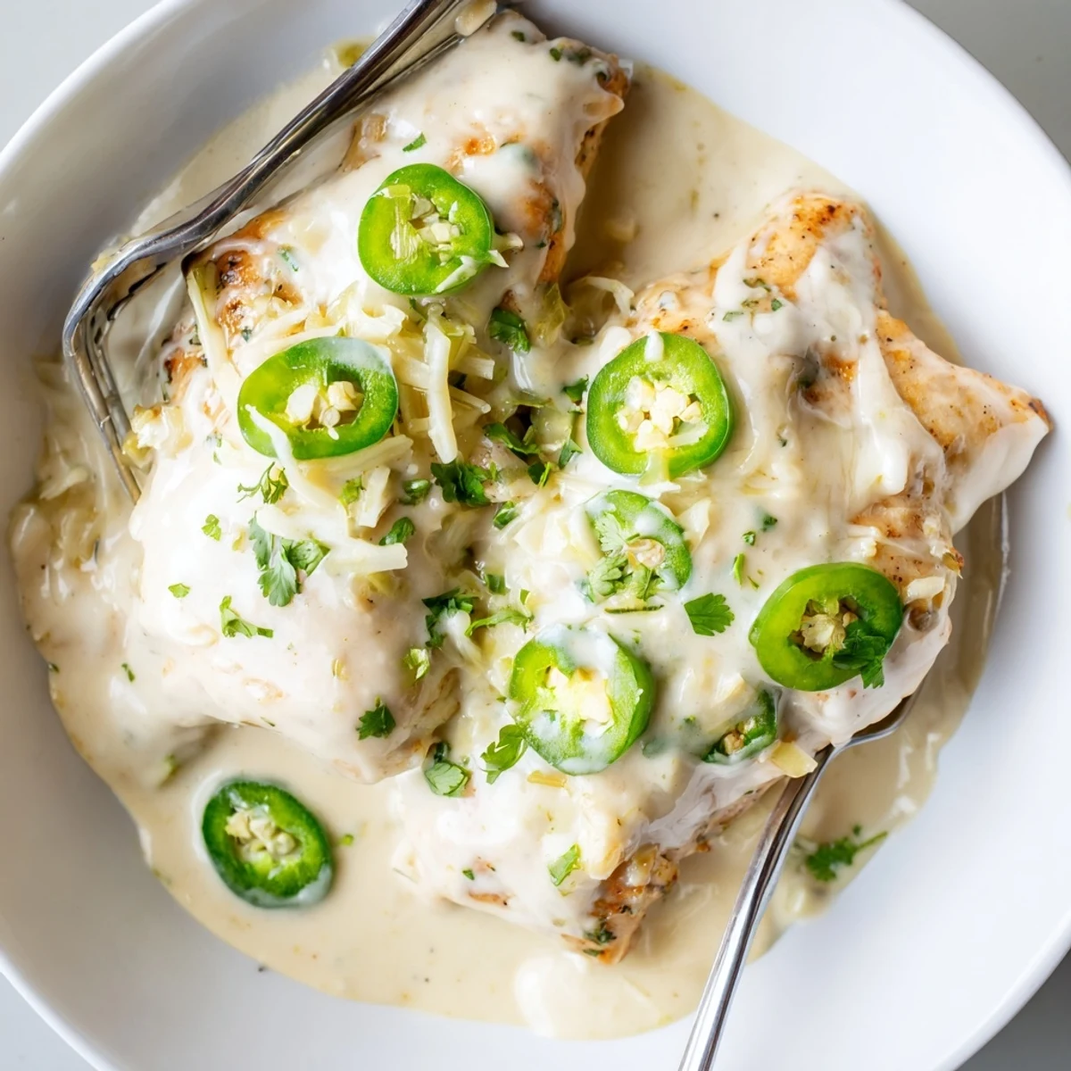 Spicy jalapeno chicken skillet with rich cream sauce topped with fresh green cilantro