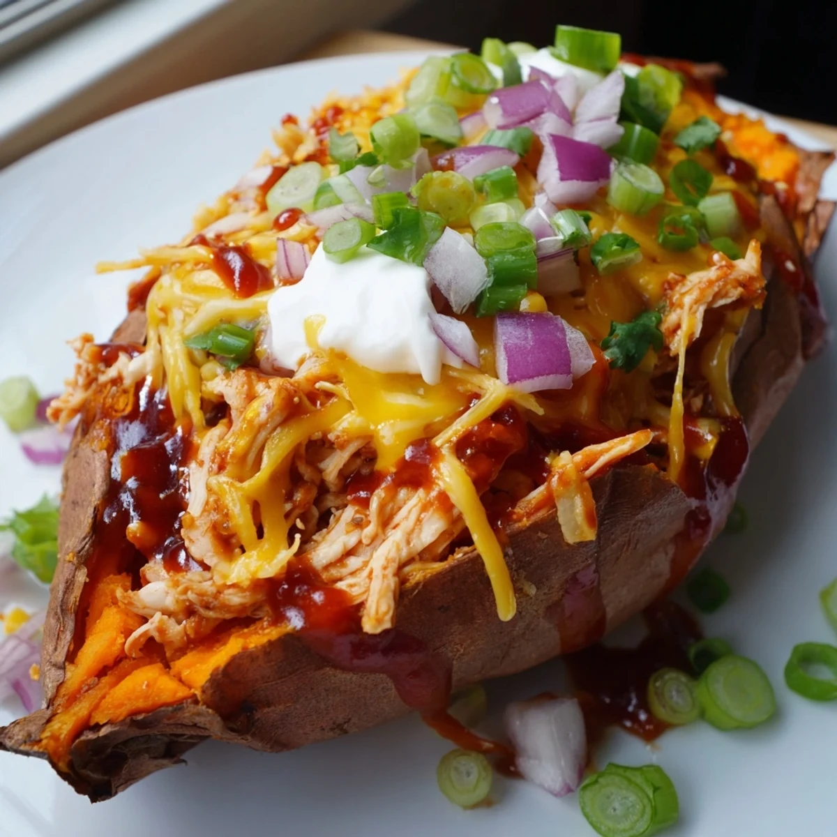 Tender roasted sweet potato topped with smoky BBQ chicken and melted cheddar cheese garnished with green onions