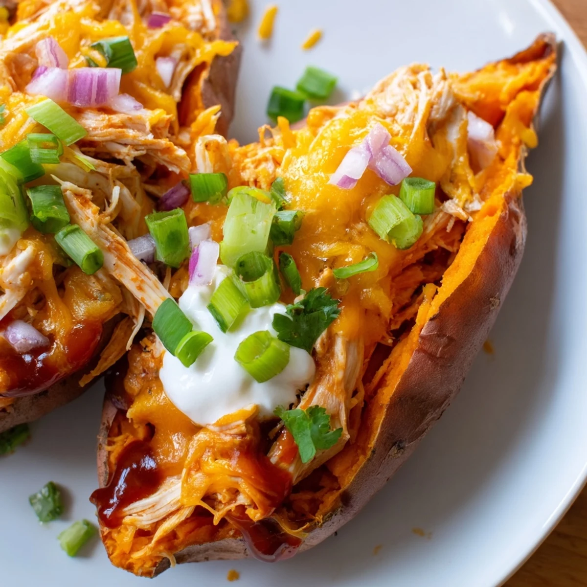 BBQ chicken stuffed sweet potatoes loaded with tender meat and gooey cheese on a rustic white plate