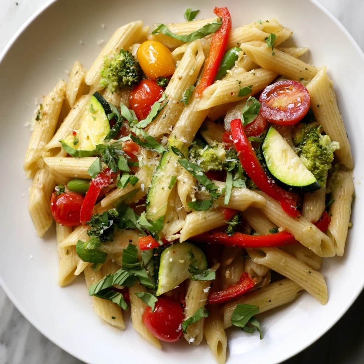 A steaming bowl of Pasta Primavera topped with fresh basil and grated Parmesan cheese