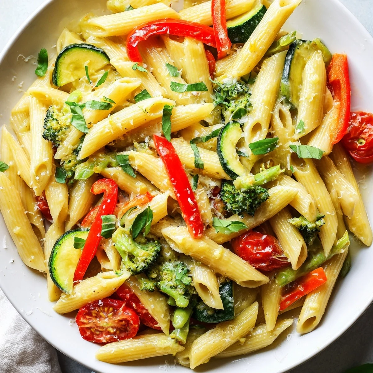 Colorful Pasta Primavera with tender zucchini, cherry tomatoes, and broccoli in a light lemon sauce