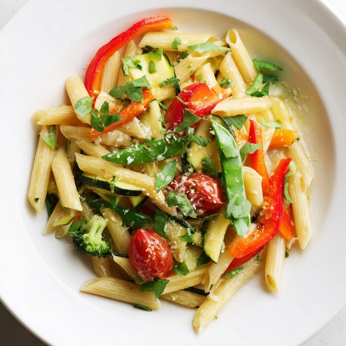 Creamy Pasta Primavera served in a white bowl garnished with parsley and red pepper flakes