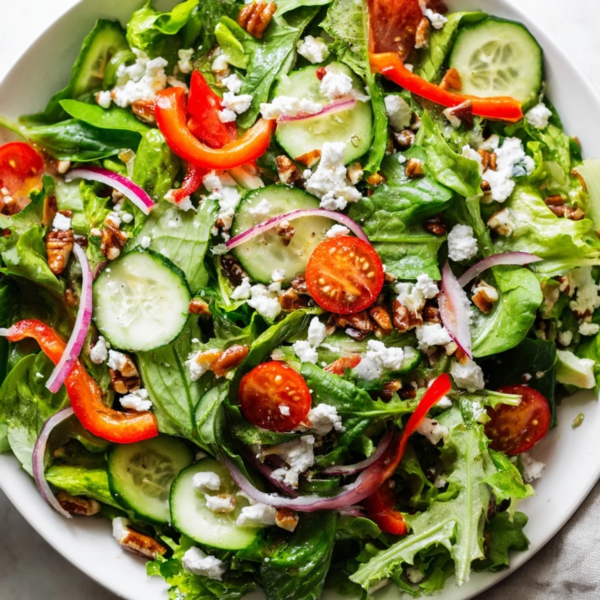 A vibrant spring mix salad tossed with cherry tomatoes, cucumber, and tangy balsamic vinaigrette.