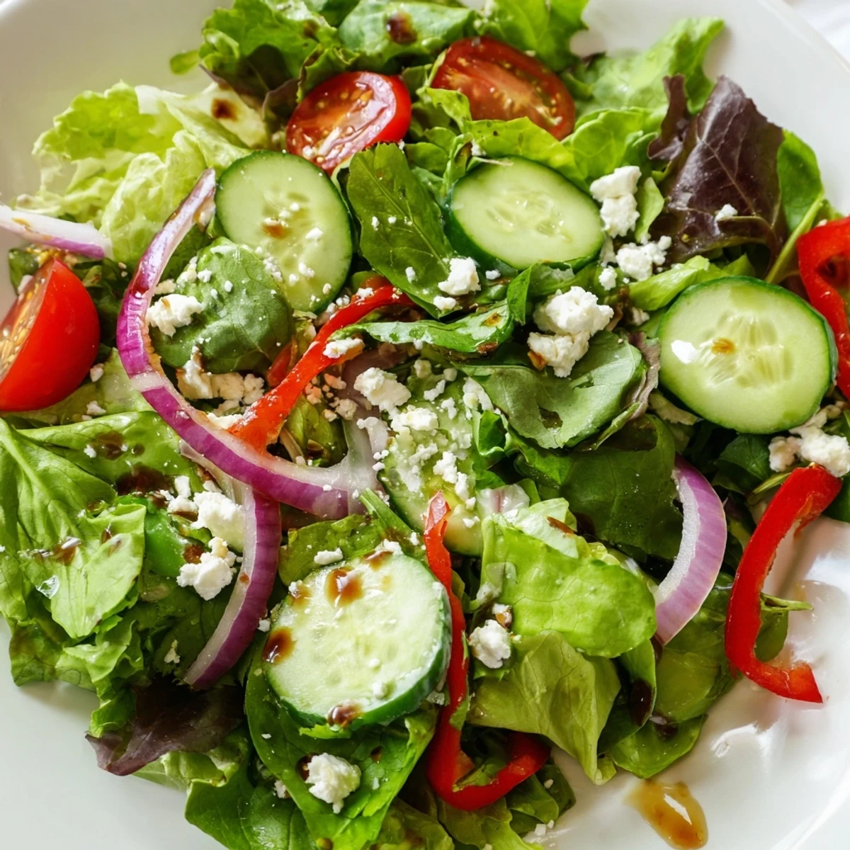 Crisp spring mix salad topped with crumbled feta, toasted pecans, and colorful sliced bell peppers.