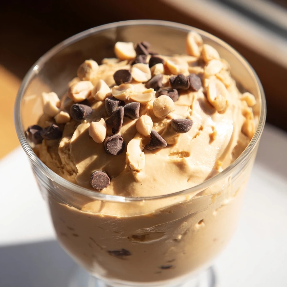 Creamy peanut butter and Cool Whip mousse topped with chopped peanuts and chocolate shavings