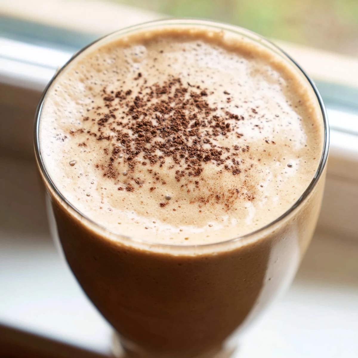 Creamy coffee smoothie topped with chocolate shavings in a tall glass