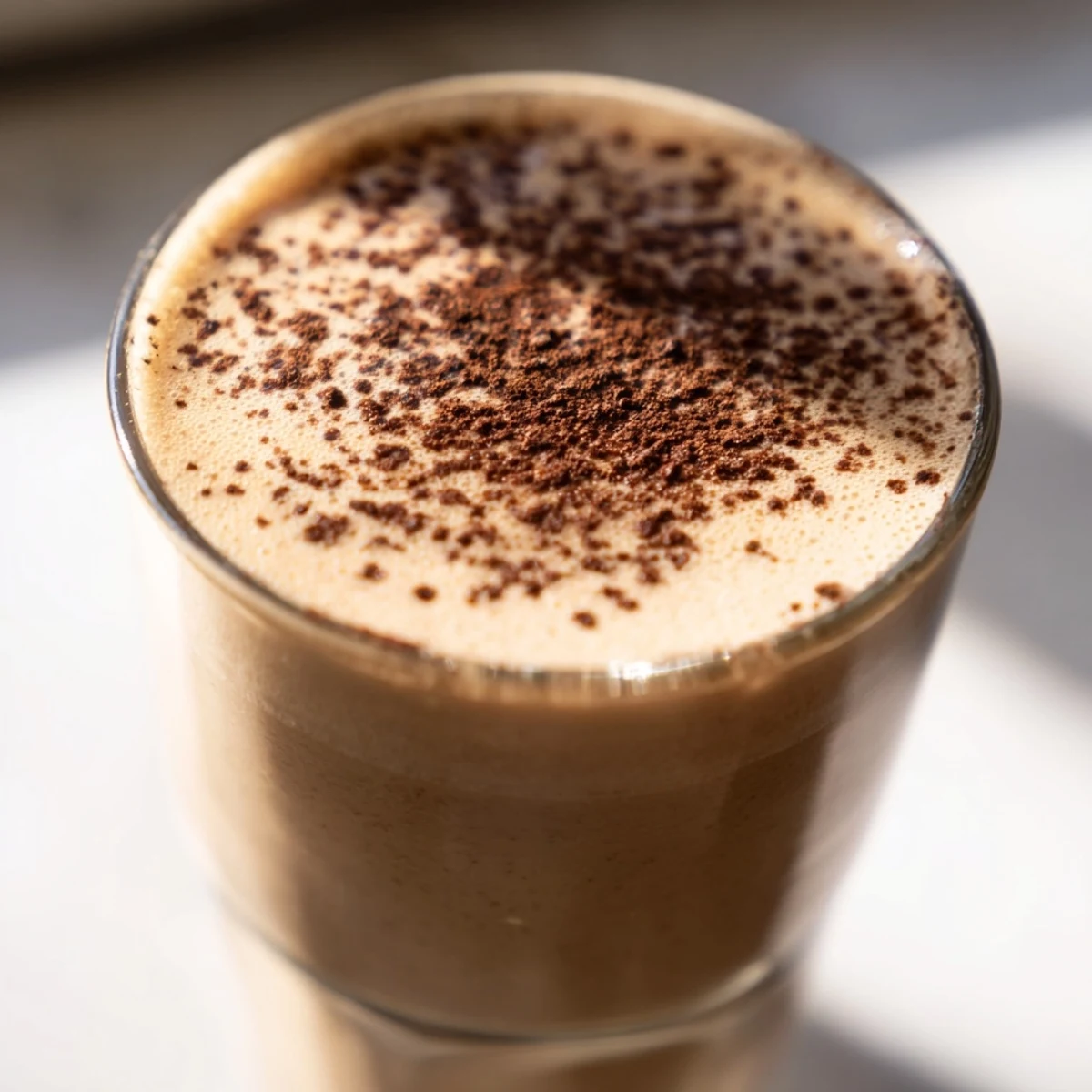 Chilled coffee smoothie with ripe banana and ice cubes blended smooth