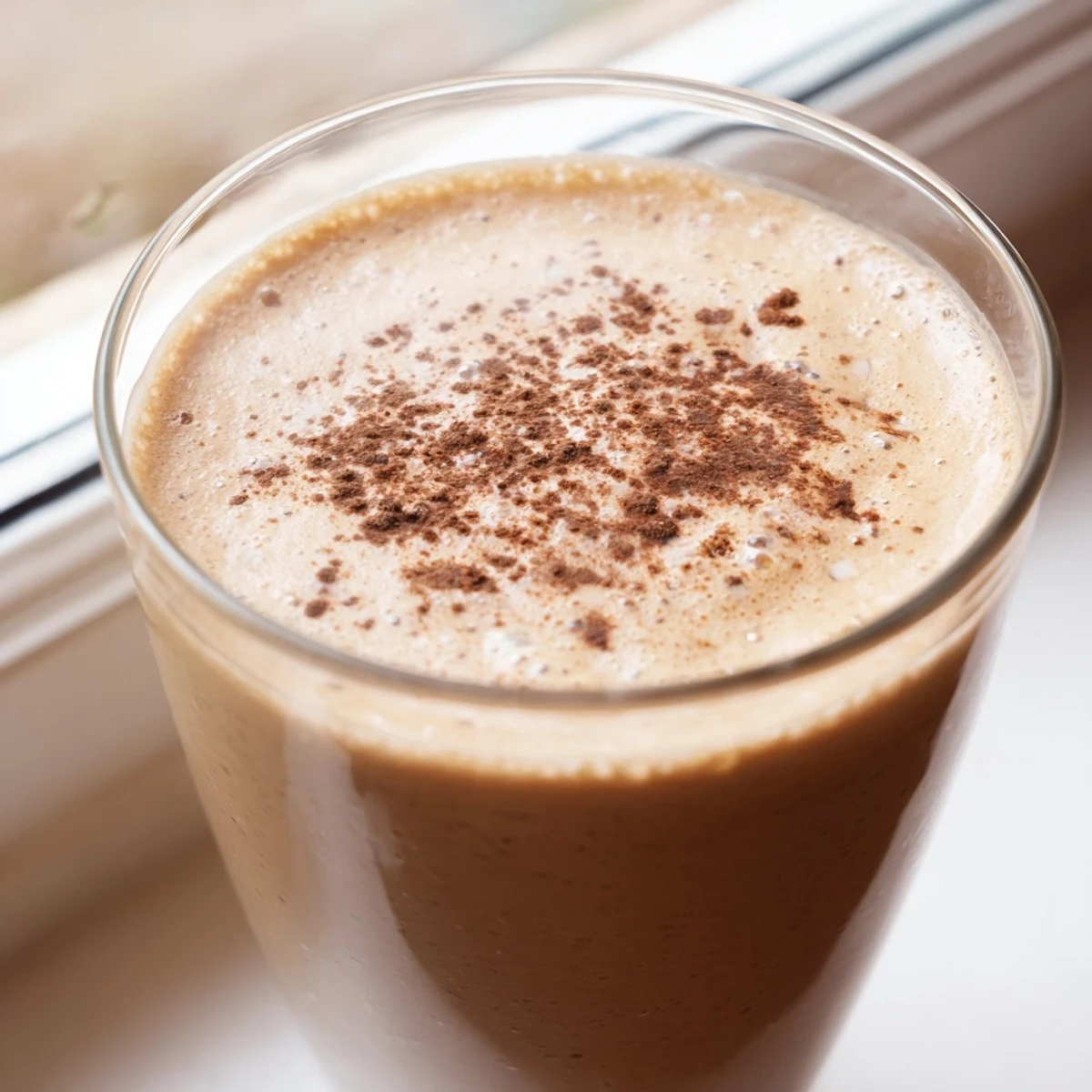 Frothy coffee smoothie blended with banana served in mason jar