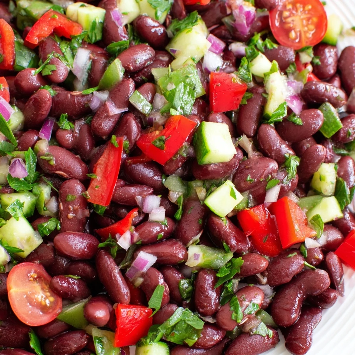 Colorful kidney bean salad topped with crisp vegetables and glossy vinaigrette in a white serving bowl