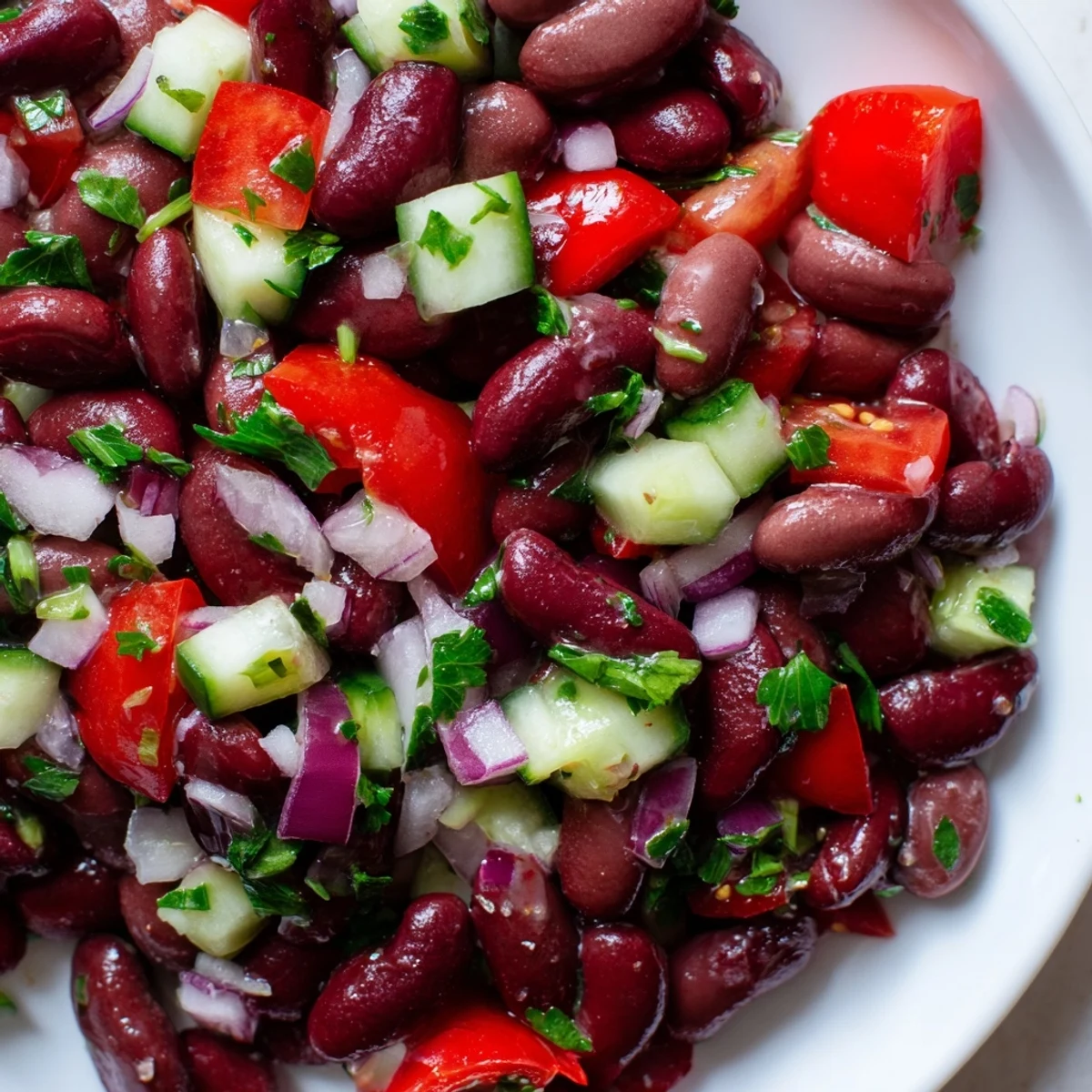 Kidney bean salad with vibrant red peppers, cucumbers, and fresh parsley in a ceramic dish