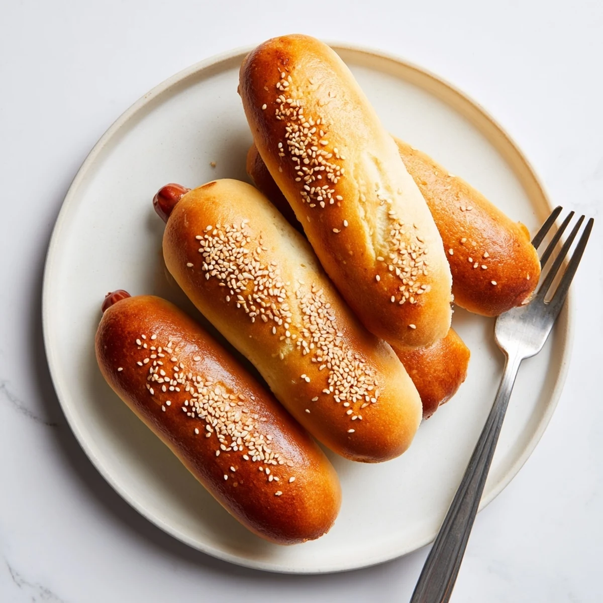 Golden sourdough discard hot dog buns brushed with butter and sprinkled with sesame seeds