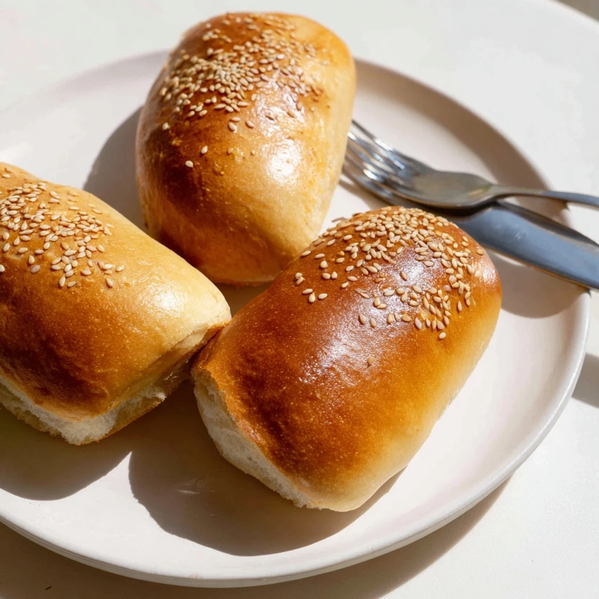 Soft homemade sourdough discard hot dog buns fresh from the oven on parchment paper
