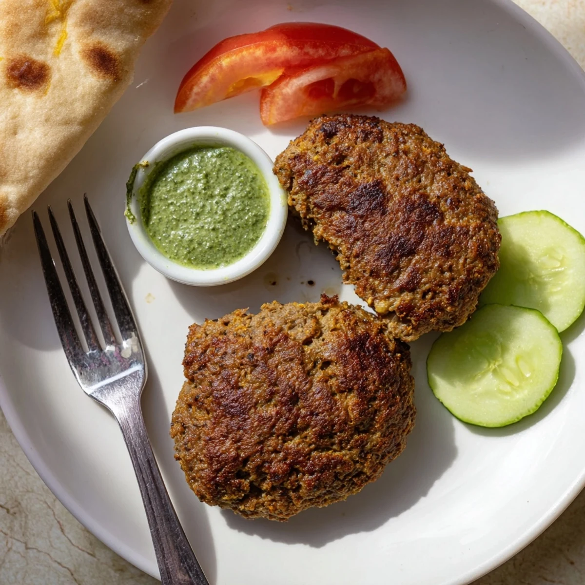 Crispy golden Pakistani Chapli Kabab served with fresh mint chutney and warm naan bread