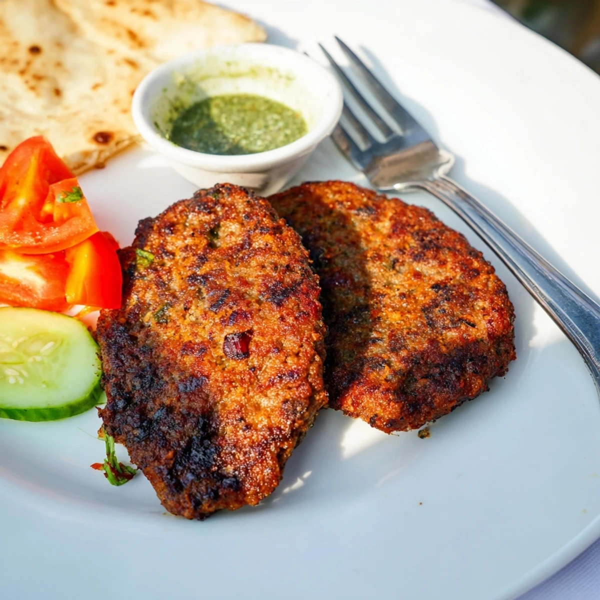 Perfectly spiced Pakistani Chapli Kabab with charred edges resting on a white ceramic plate