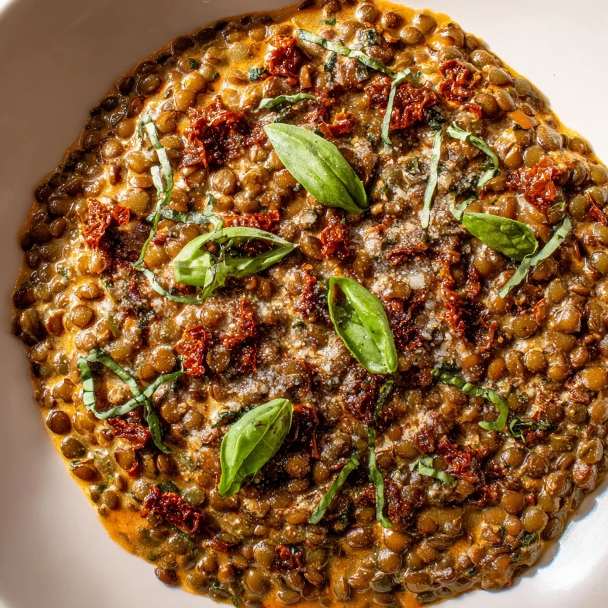 Creamy Marry Me Lentils served in a rustic bowl with fresh basil garnish and parmesan