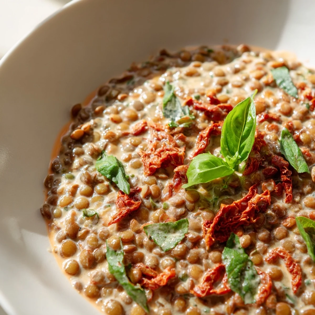 Tender Marry Me Lentils swimming in rich sun-dried tomato cream sauce with herbs