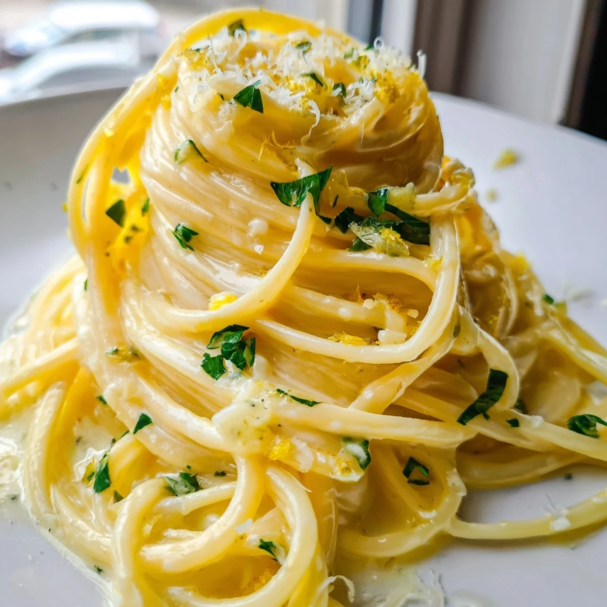 Creamy Parmesan Lemon Pasta twirled in a skillet with fresh herbs and black pepper