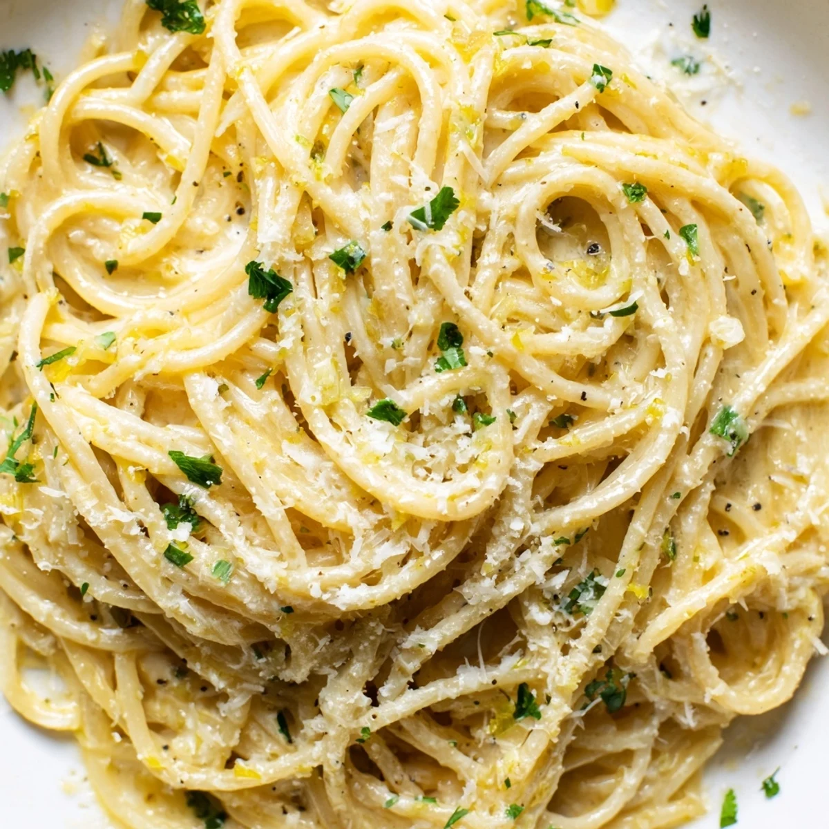 Golden spaghetti coated in zesty Parmesan Lemon Pasta sauce with bright citrus flecks