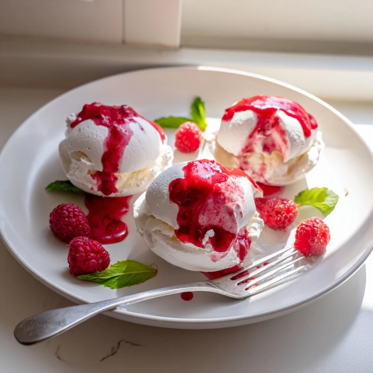Crisp Pavlova bombs with whipped cream filling drizzled in vibrant red raspberry coulis