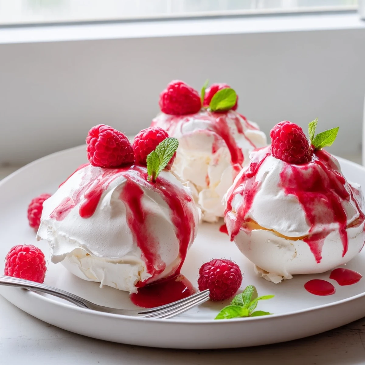 Delicate meringue Pavlova bombs topped with fluffy cream and tangy fresh raspberry sauce
