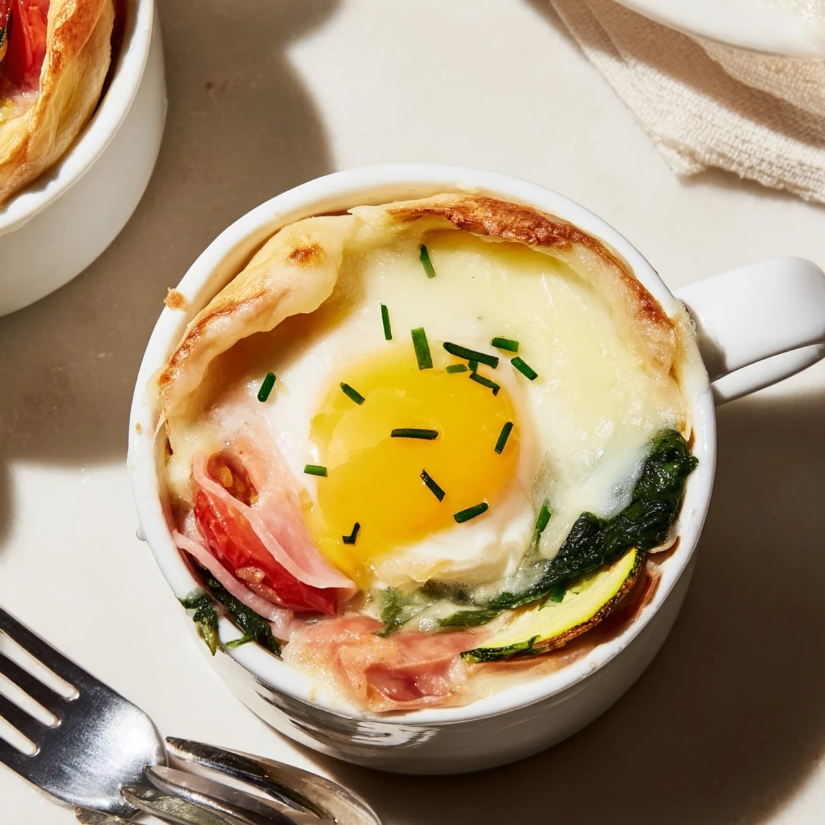 Elegant baked eggs Napoleon served in ramekins with wilted spinach ham and Gruyère sauce