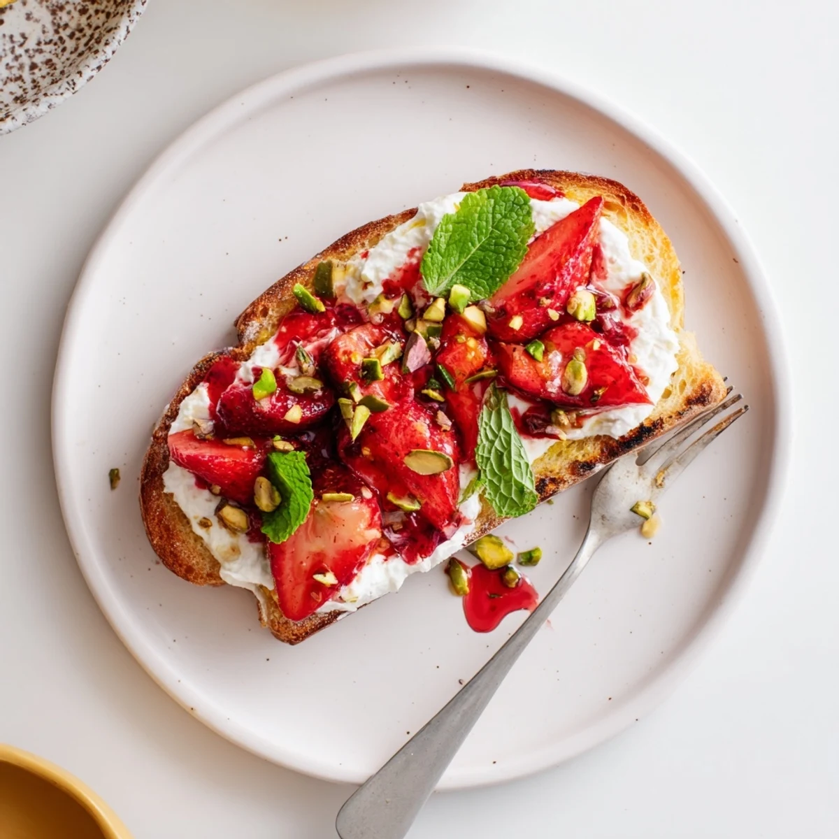 Creamy whipped ricotta topped with ruby roasted strawberries on golden toasted sourdough bread
