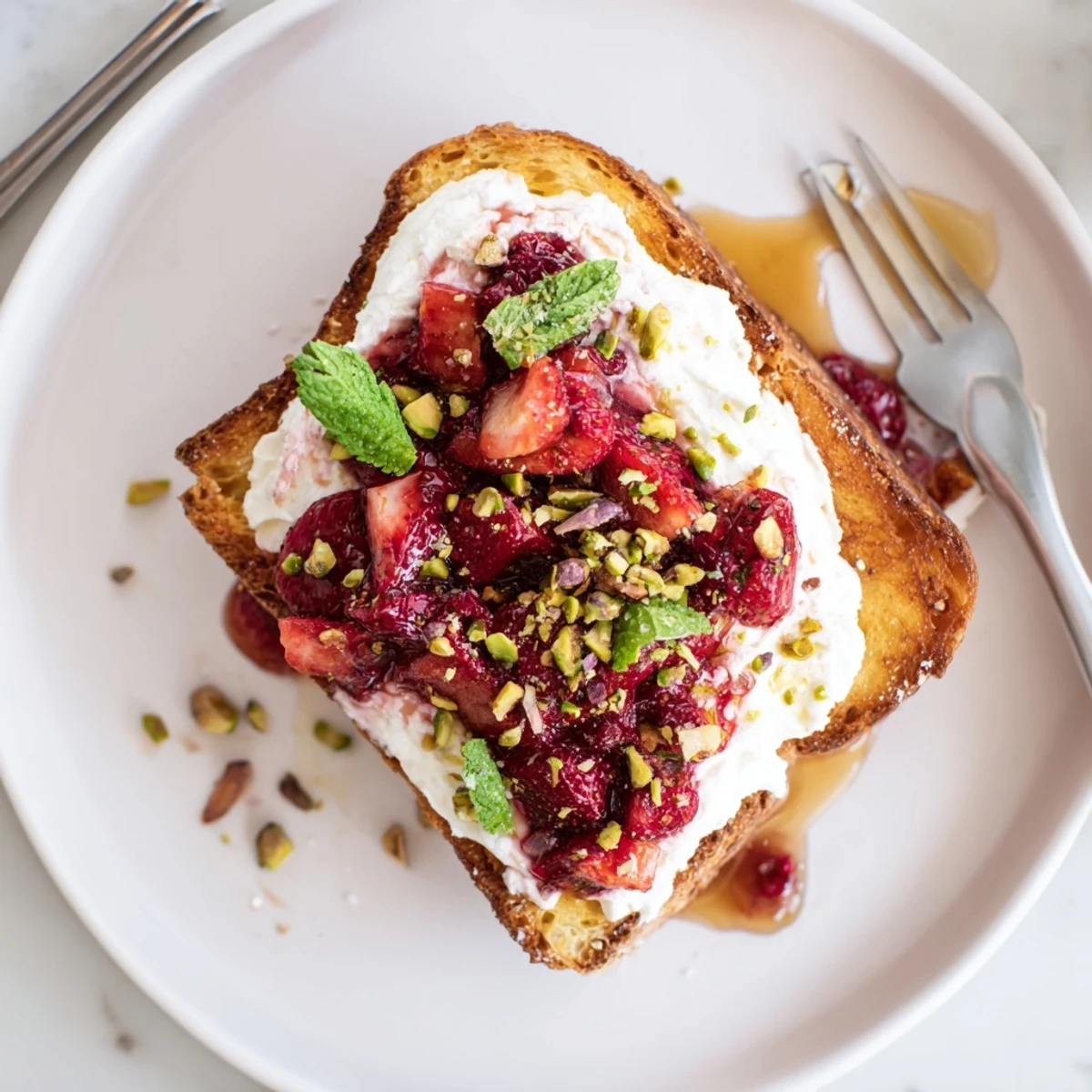 Roasted Strawberry Whipped Ricotta Toast with fluffy cheese and juicy berries on crusty bread
