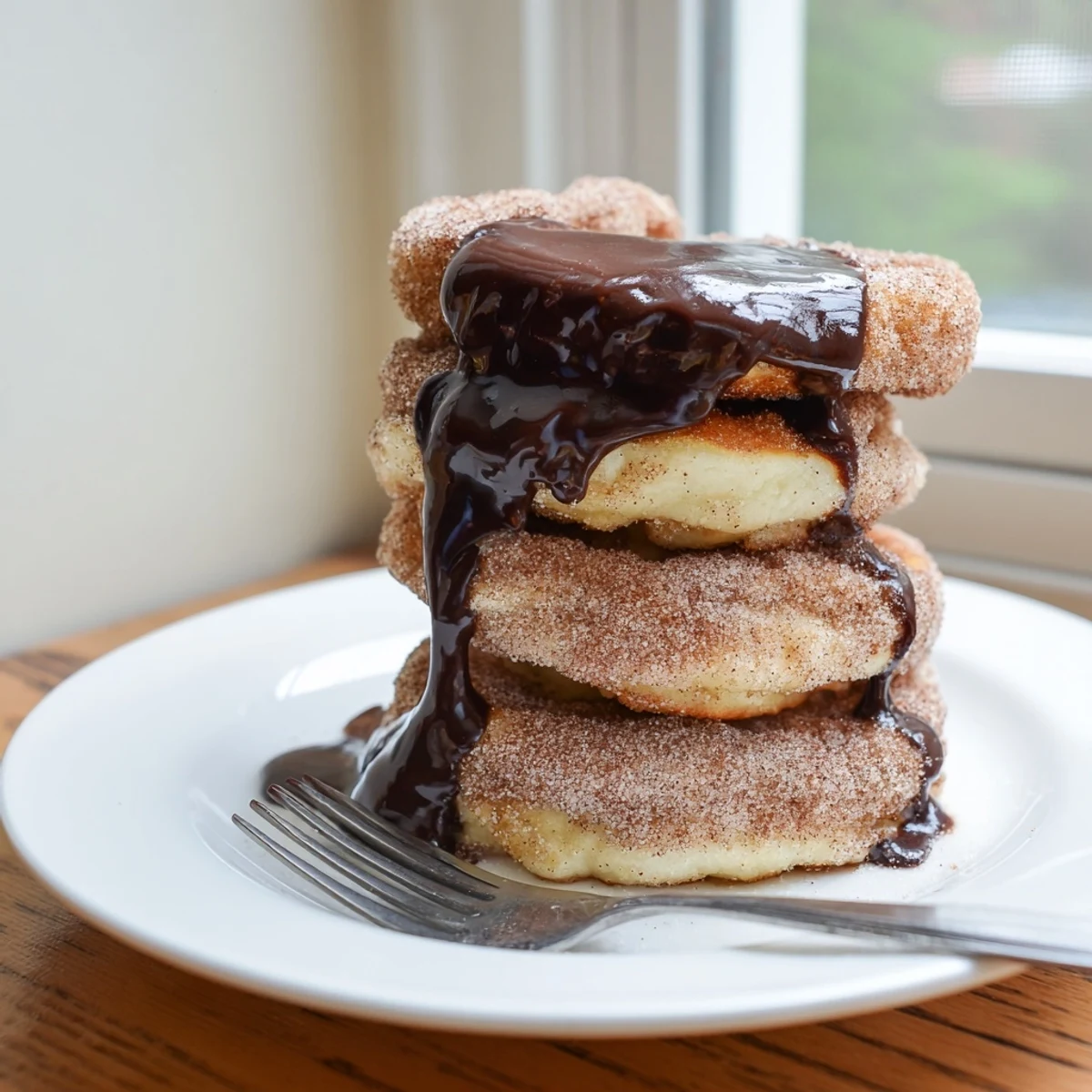 Fluffy Spanish Churro Pancakes stacked high with rich chocolate sauce drizzled on top