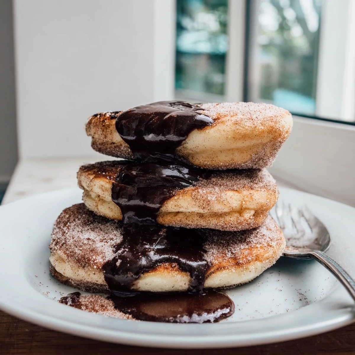 Golden Spanish Churro Pancakes dusted with cinnamon sugar on a white ceramic plate