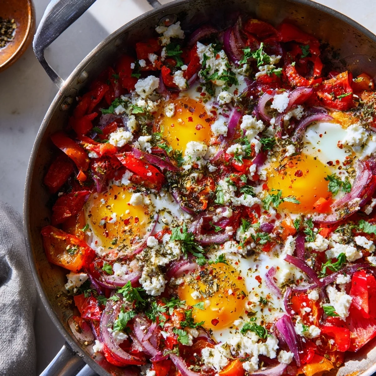 Golden baked feta eggs with runny yolks nestled in creamy cheese and roasted vegetables