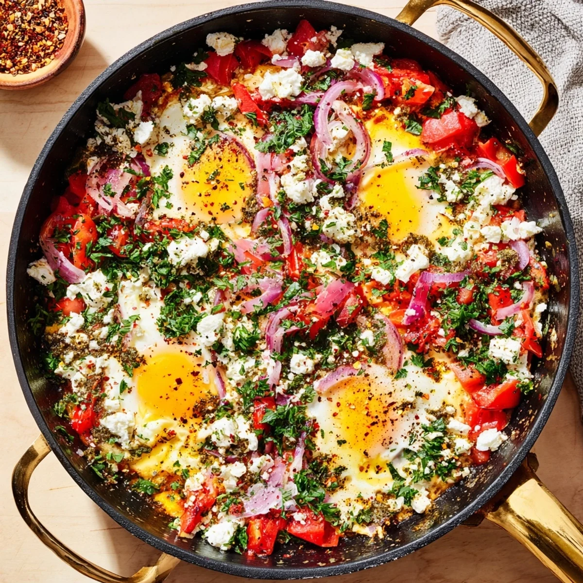 Creamy baked feta eggs topped with red pepper flakes and fresh parsley garnish