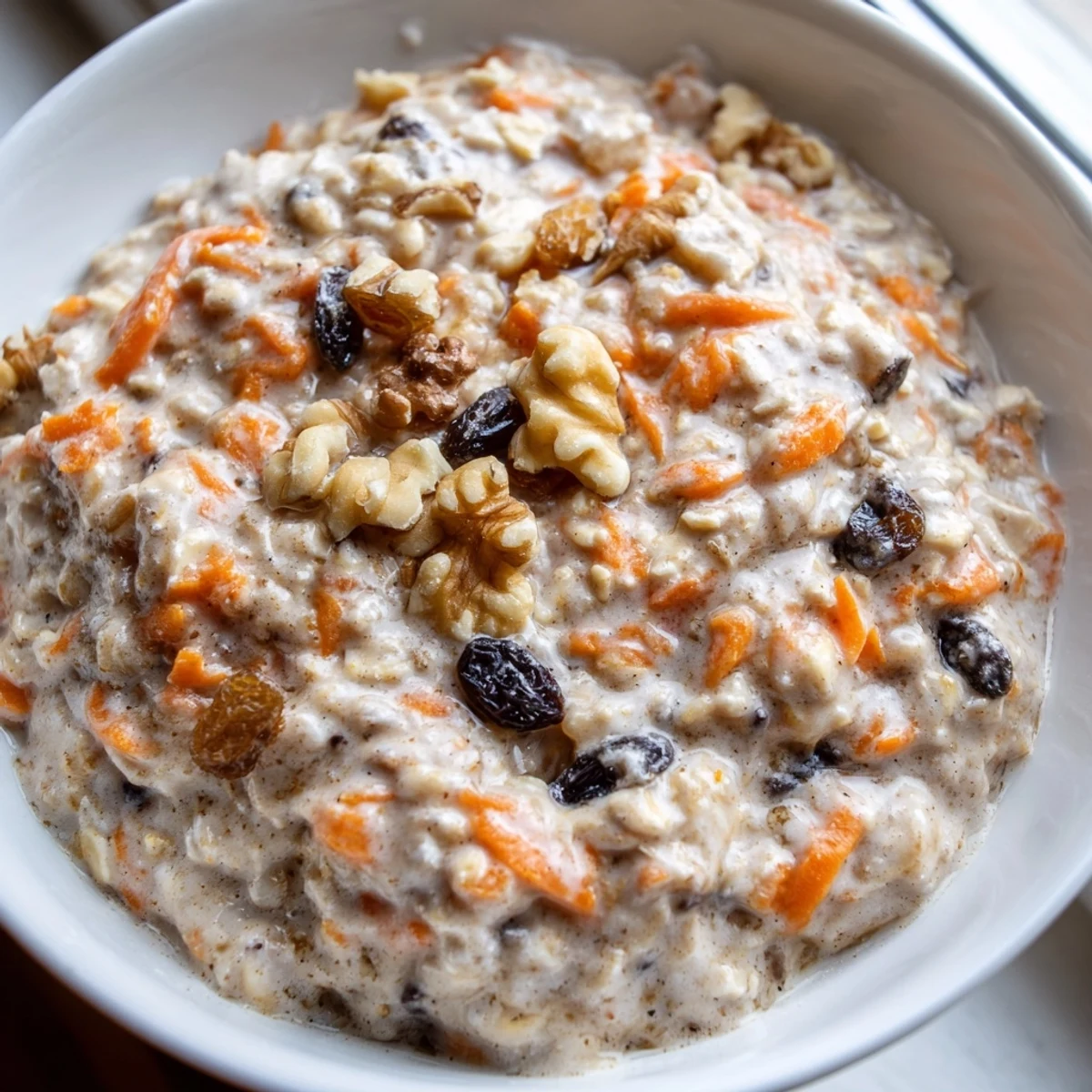 Creamy carrot cake overnight oats in a mason jar topped with crunchy walnuts and a cinnamon sprinkle