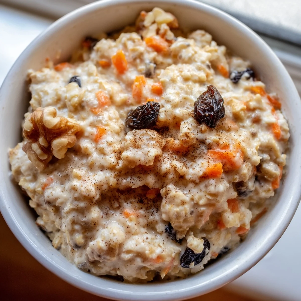 Thick spiced carrot cake overnight oats served chilled with raisins and a generous nutmeg dusting