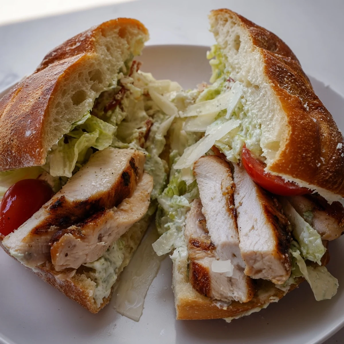 Grilled chicken Caesar sandwich on toasted ciabatta with crisp romaine and creamy dressing
