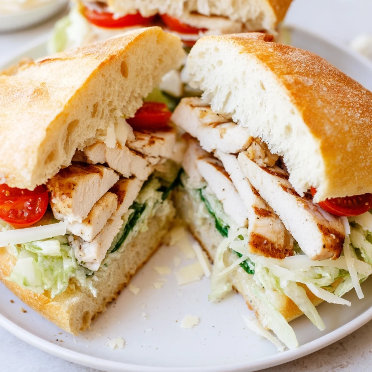 Juicy sliced chicken Caesar sandwich topped with shaved Parmesan and fresh romaine lettuce