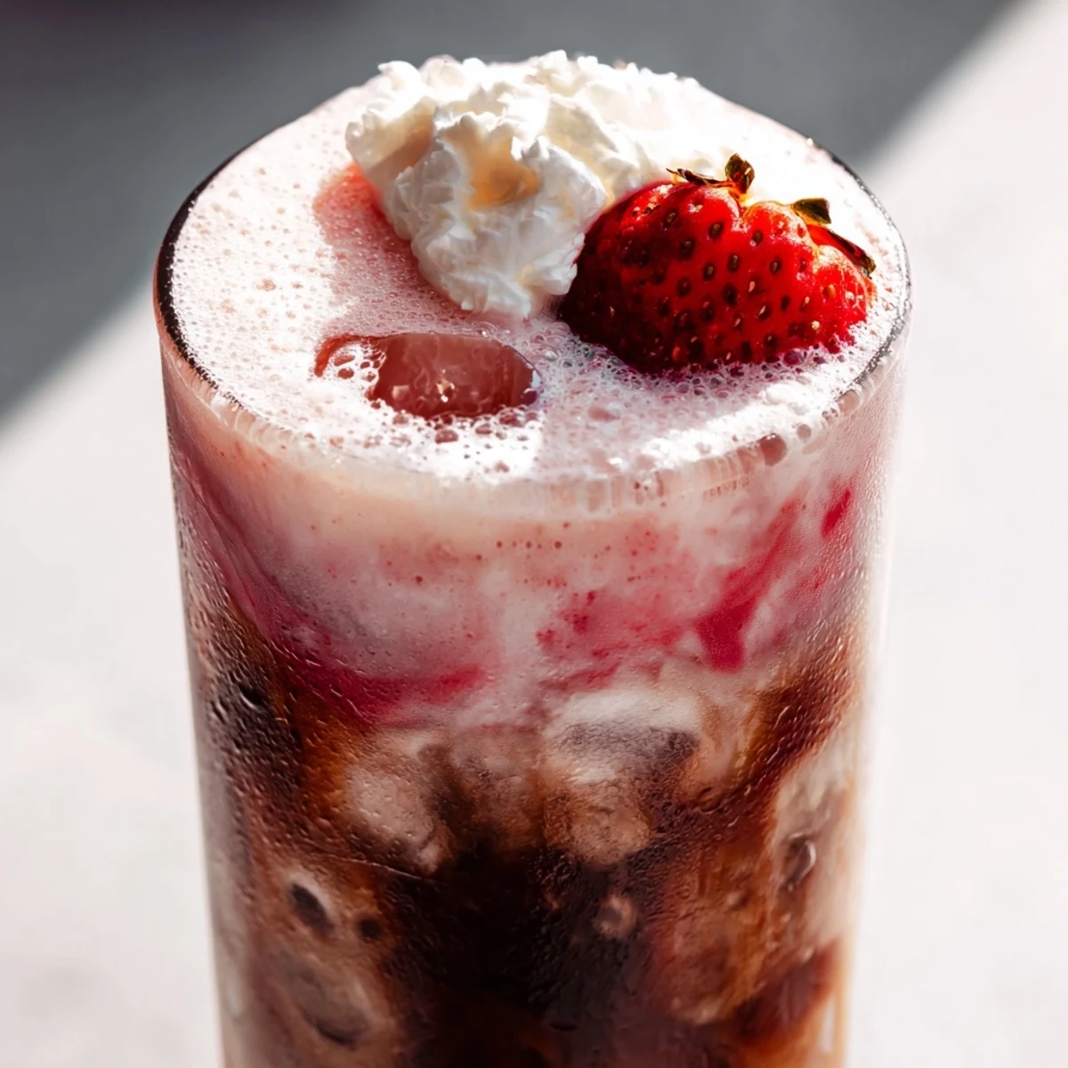 Creamy strawberry cold latte in a tall glass with swirled pink layers and ice