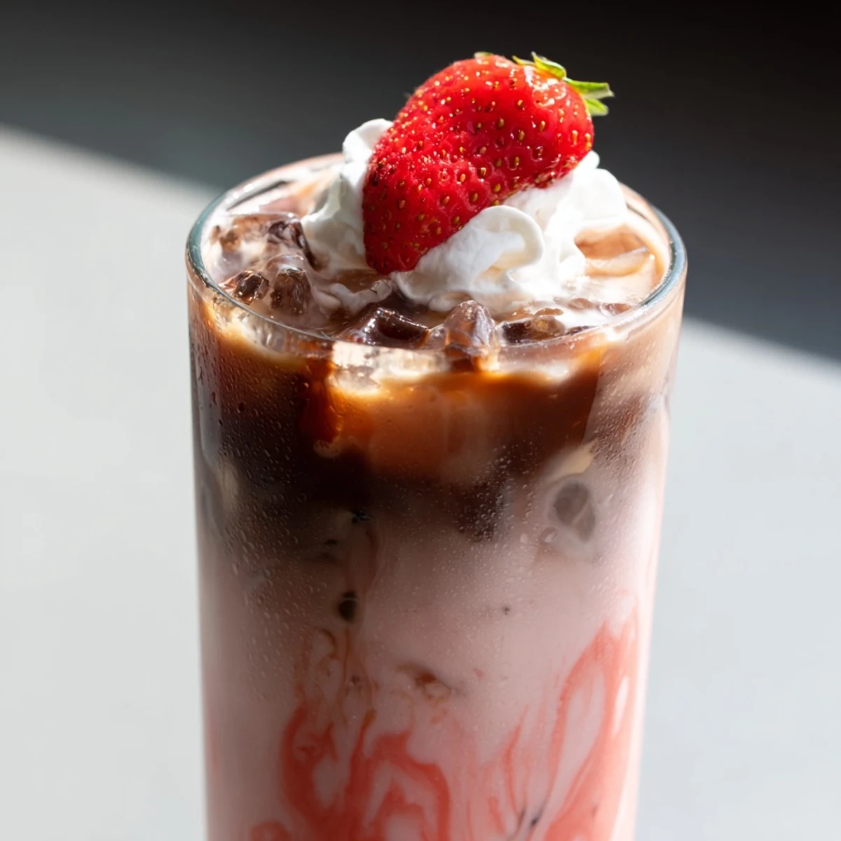 Refreshing strawberry cream cold latte topped with fluffy whipped cream and fresh berry garnish