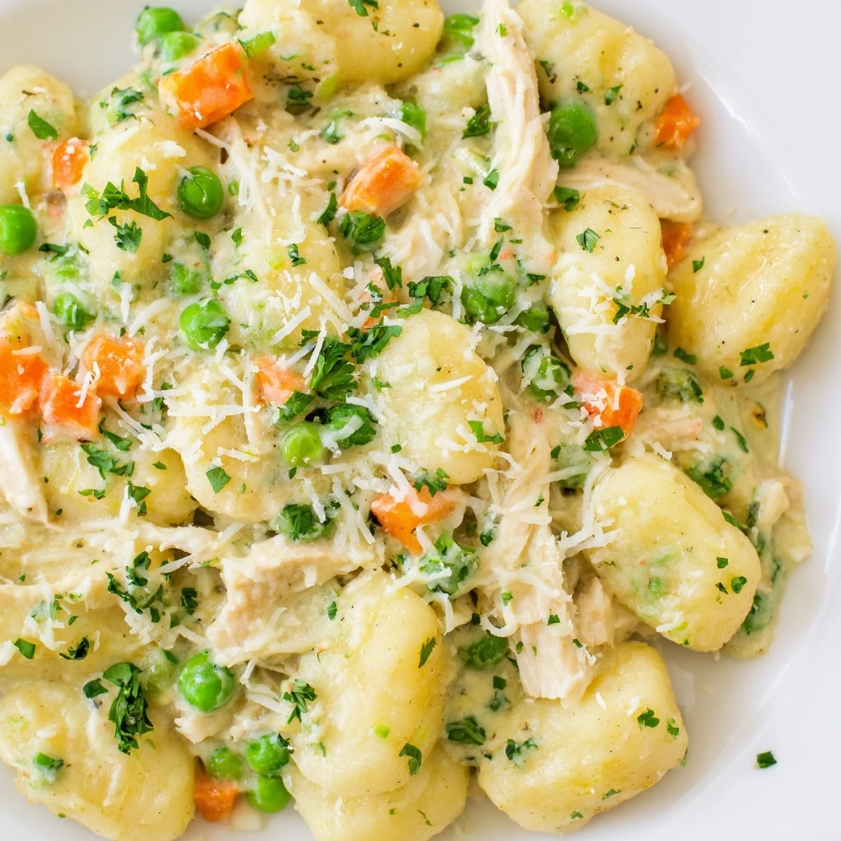 Creamy One Pot Gnocchi Chicken Pot Pie topped with melted Parmesan and fresh parsley