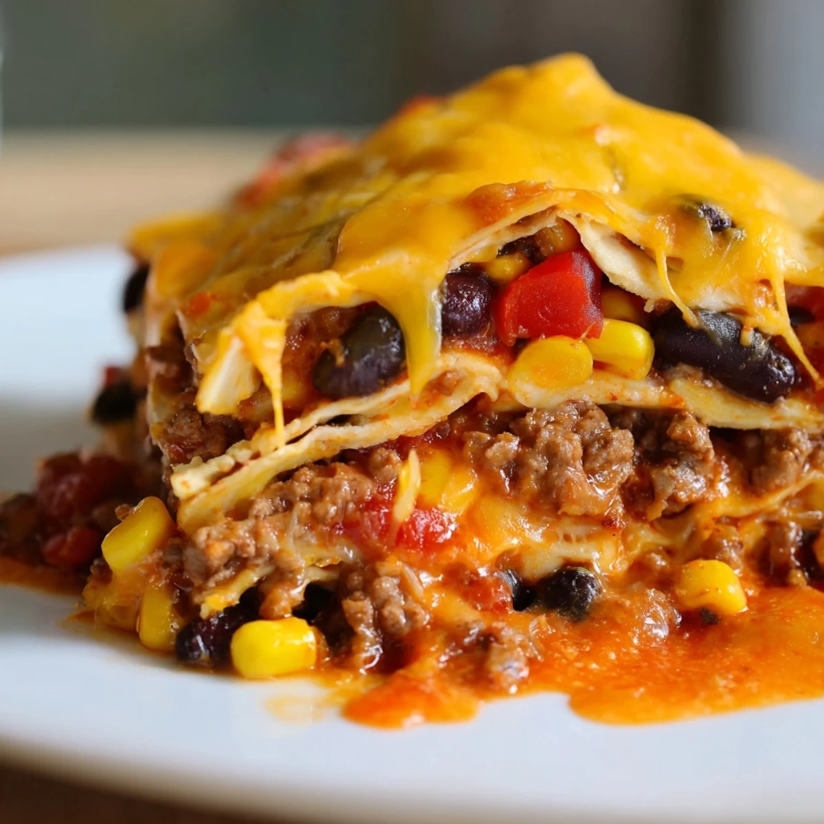 Golden melted cheese tops this Mexican lasagna with layers of seasoned beef and beans