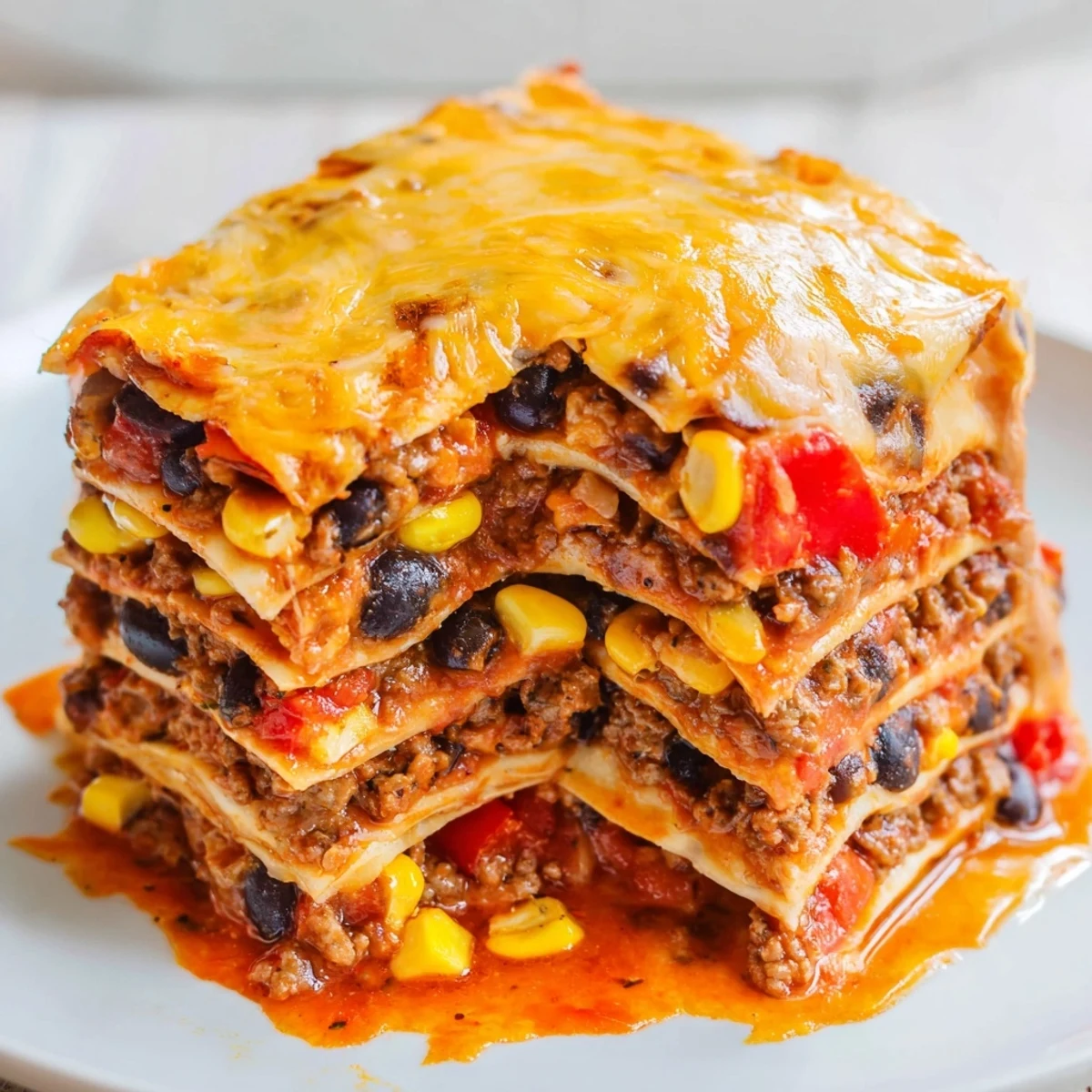 Warm Mexican lasagna sliced to reveal tortilla layers with spicy beef and corn