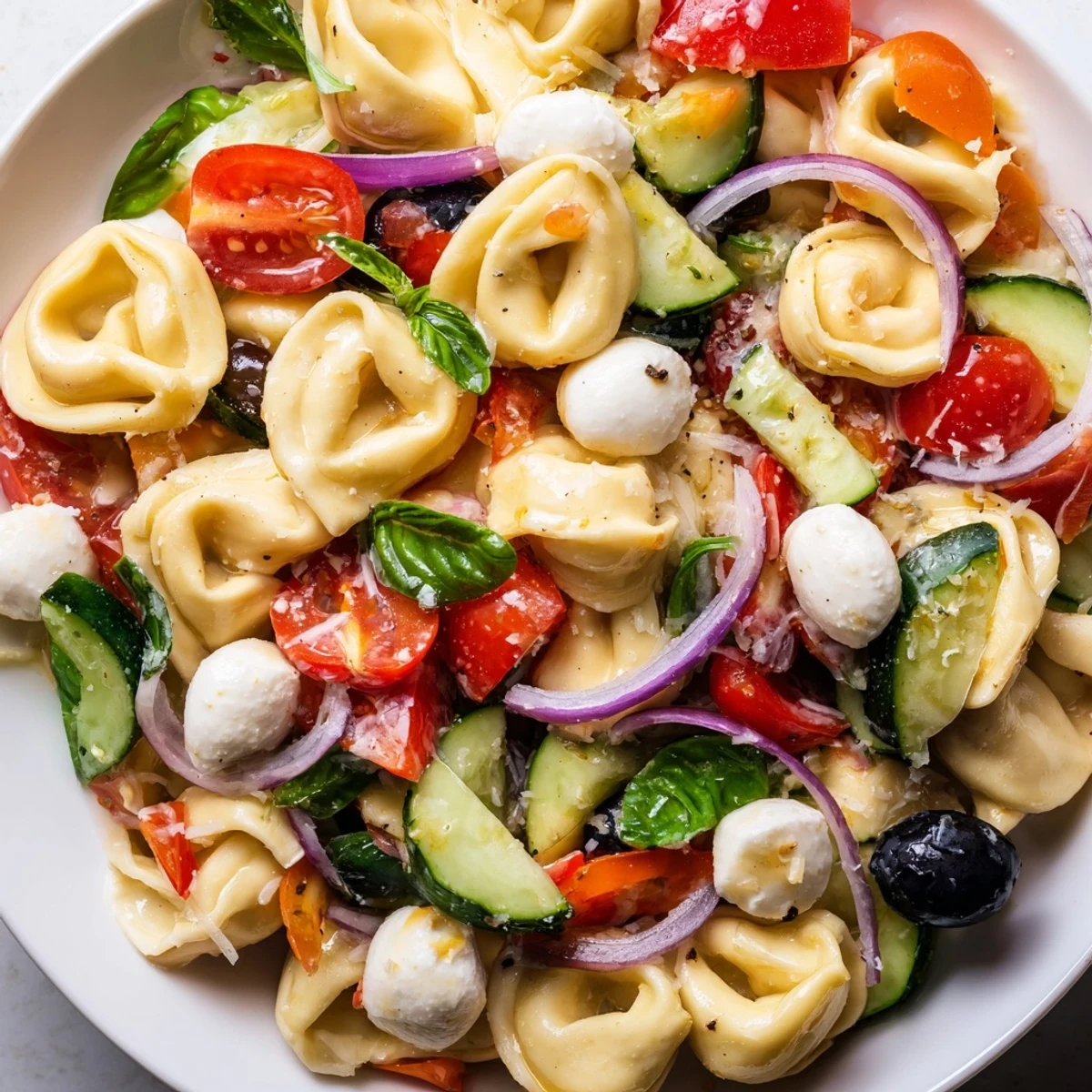 Colorful tortellini salad tossed with cherry tomatoes, cucumber, and zesty Italian dressing in a white serving bowl
