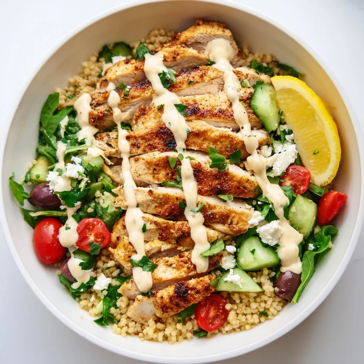 Golden Mediterranean chicken couscous bowl topped with fresh vegetables and creamy tahini drizzle