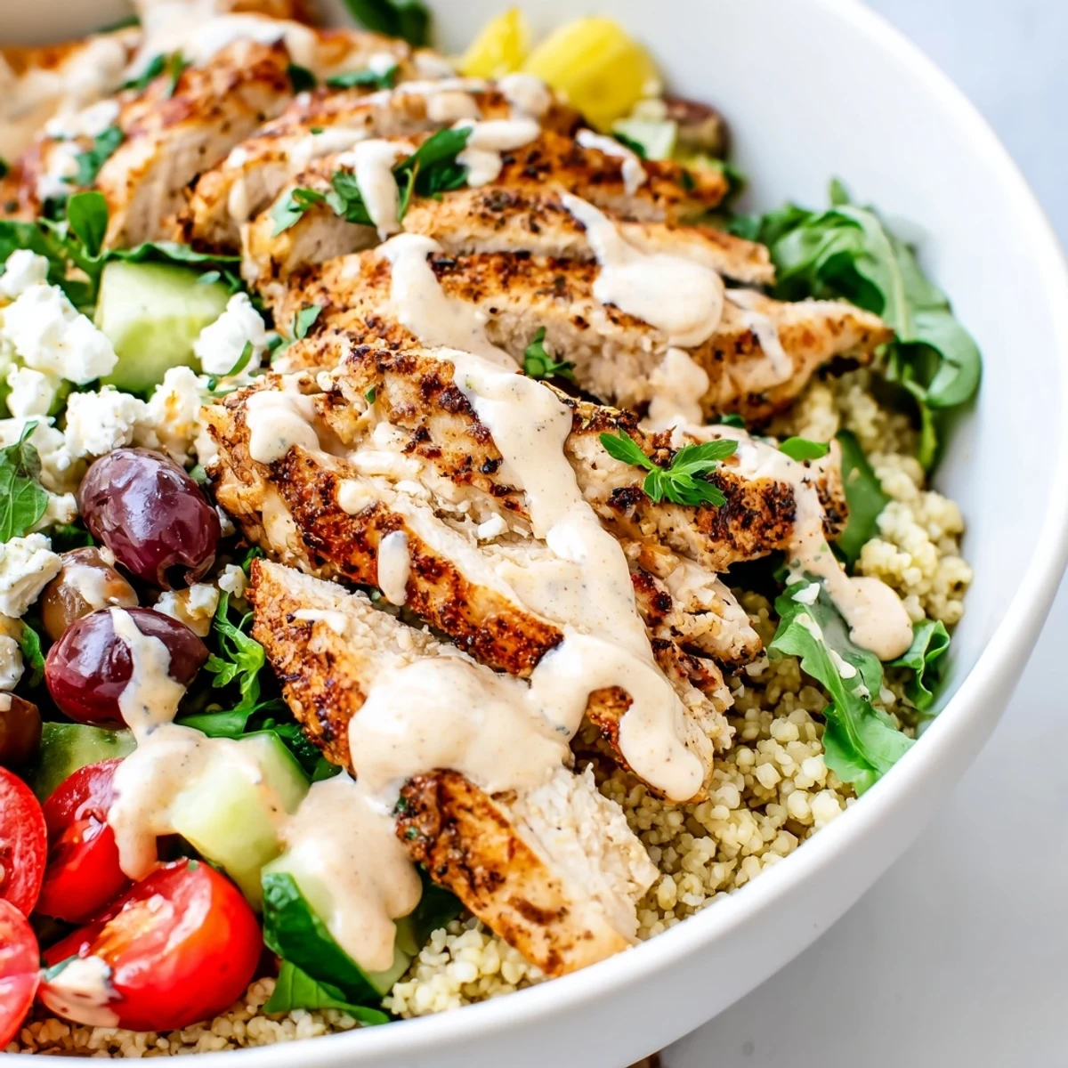 Fluffy couscous layered with spiced chicken, crisp cucumbers, tomatoes, and bright herbs